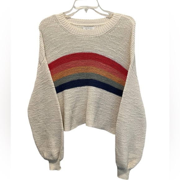 American Eagle Cropped Sweater Ivory Jewel Tone Rainbow Drop Slouchy Sleeves M - Picture 1 of 7
